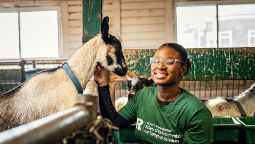 A student holding a goat in a barn.